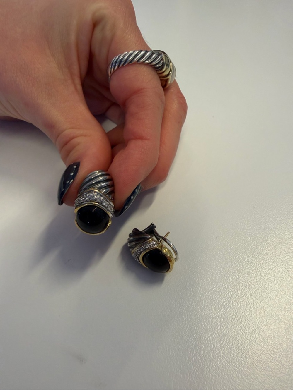 David Yurman Silver and Gold Earrings with Black Onyx